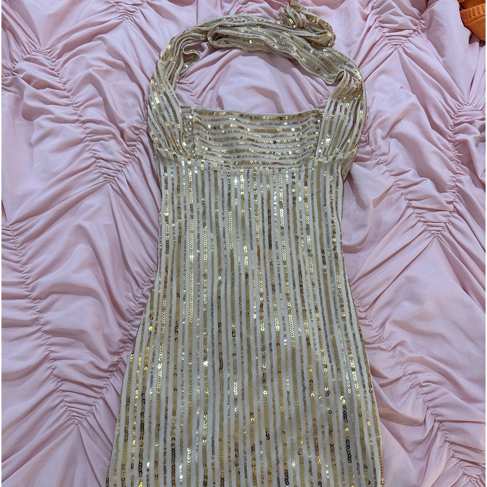 Minnie Sequin Striped Halter Dress in Gold LUCY IN THE SKY